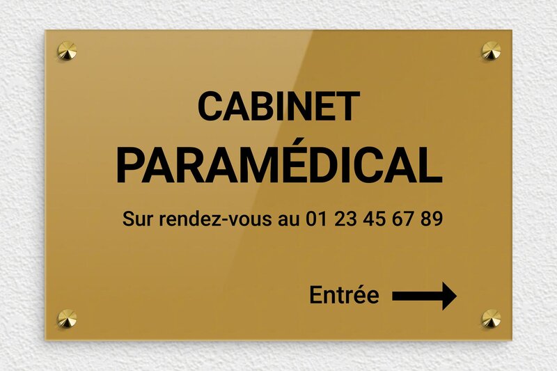 Plaque professionnelle paramédicale - Plexiglass - 300 x 200 mm - or-fonce-noir - screws-caps - plaquepro-job-cabinet-paramedical-007-0