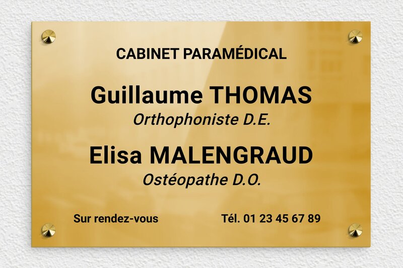 Plaque professionnelle paramédicale - Laiton - 300 x 200 mm - poli - screws-caps - plaquepro-job-cabinet-paramedical-007-1