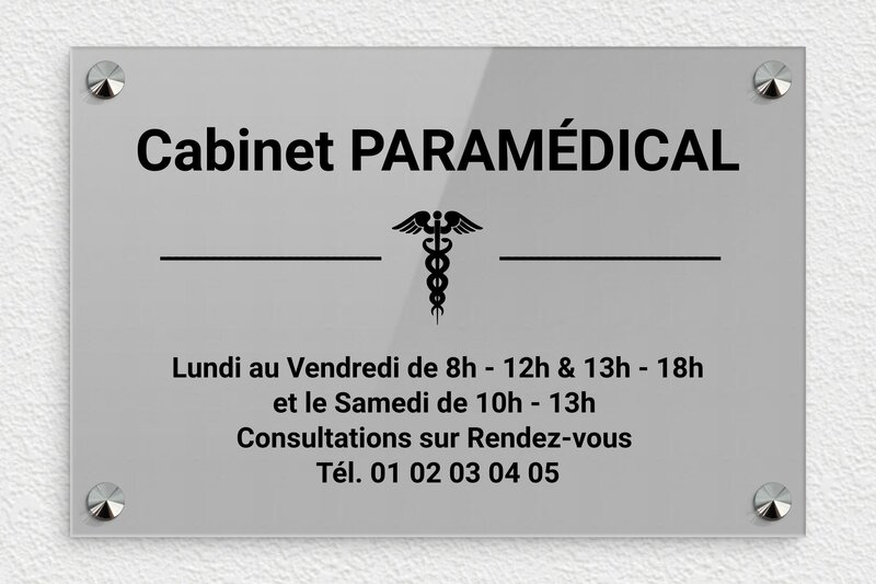 Plaque professionnelle paramédicale - Plexiglass - 300 x 200 mm - gris-noir - screws-caps - plaquepro-job-cabinet-paramedical-008-0