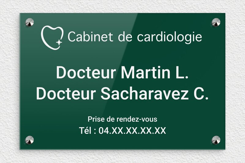 Plaque cardiologue - Plexiglass - 300 x 200 mm - vert-blanc - screws-caps - plaquepro-job-cardiologue-001-2