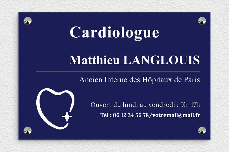 Plaque cardiologue - PVC - 300 x 200 mm - bleu-marine-blanc - screws-caps - plaquepro-job-cardiologue-005-4
