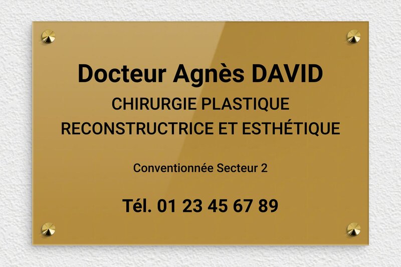 Plaque Chirurgien - Plexiglass - 300 x 200 mm - or-fonce-noir - screws-caps - plaquepro-job-chirurgien-004-0