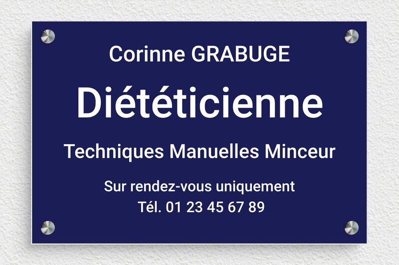 Plaque diététicien - PVC - 300 x 200 mm - bleu-marine-blanc - screws-spacer - plaquepro-job-dieteticienne-003-4