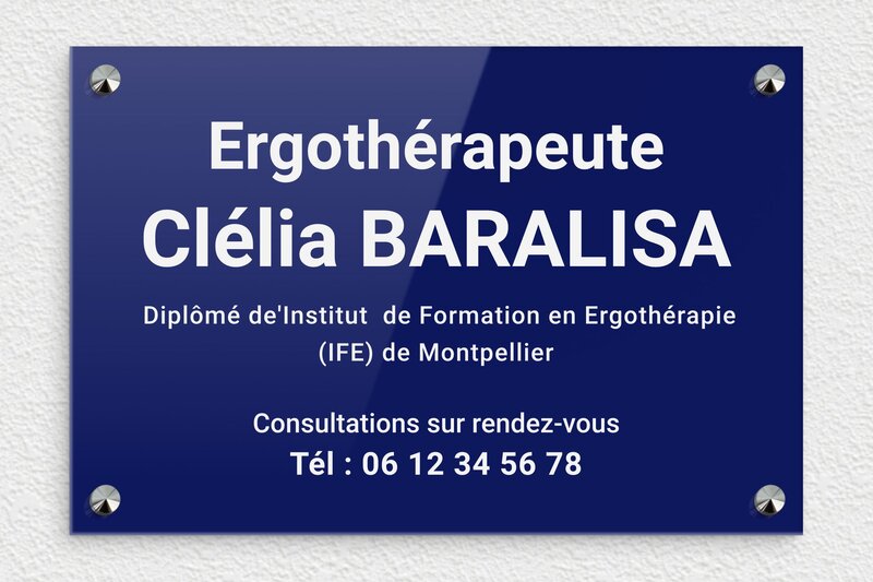 Plaque Ergothérapeute - Plexiglass - 300 x 200 mm - bleu-blanc - screws-caps - plaquepro-job-ergotherapeute-001-1