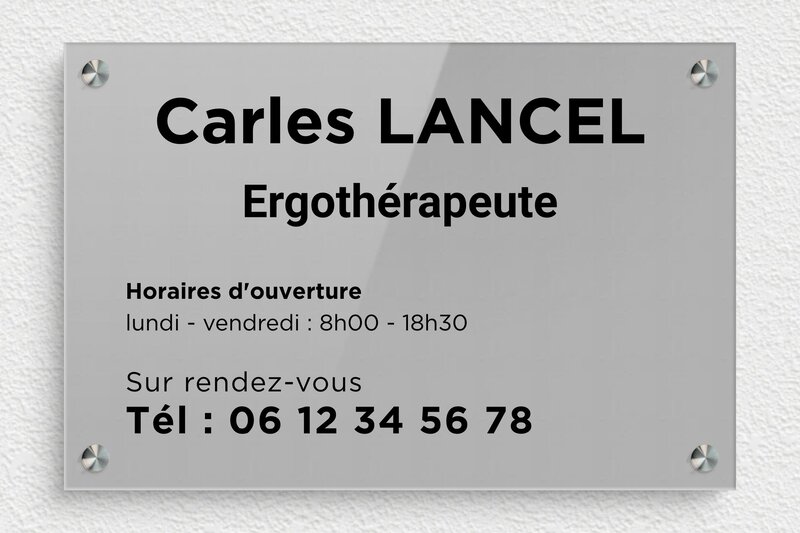 Plaque Ergothérapeute - Plexiglass - 300 x 200 mm - gris-noir - screws-spacer - plaquepro-job-ergotherapeute-001-4