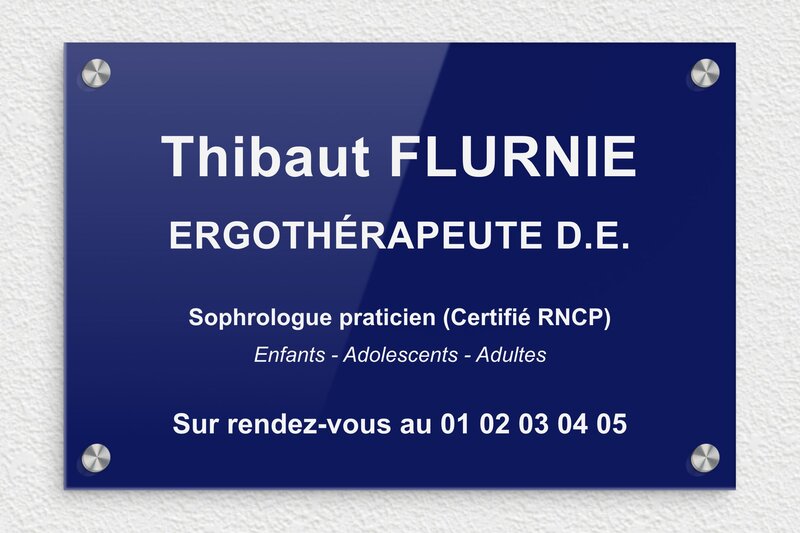 Plaque sophrologue - Plexiglass - 300 x 200 mm - bleu-blanc - screws-caps - plaquepro-job-ergotherapeute-003-1