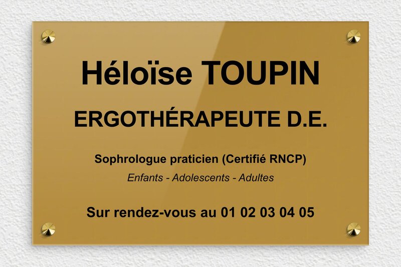 Plaque sophrologue - Plexiglass - 300 x 200 mm - or-fonce-noir - screws-caps - plaquepro-job-ergotherapeute-010-1