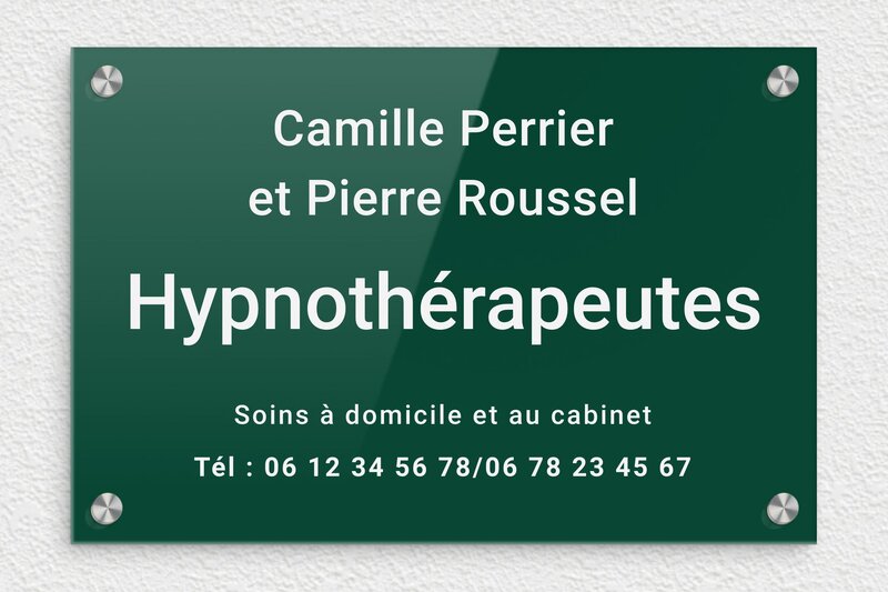 Plaque Hypnothérapeute - Plexiglass - 300 x 200 mm - vert-blanc - screws-caps - plaquepro-job-hypnotherapeute-003-4