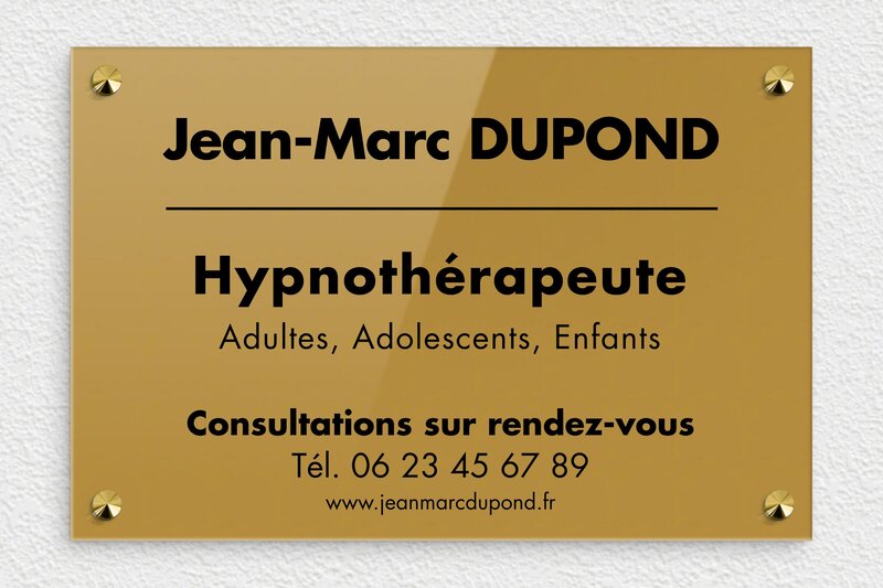 Plaque Hypnothérapeute - Plexiglass - 300 x 200 mm - or-fonce-noir - screws-caps - plaquepro-job-hypnotherapeute-quadri-003-1