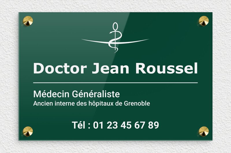 Plaque professionnelle docteur personnalisée - Plexiglass - 300 x 200 mm - vert-blanc - screws-caps - plaquepro-job-medecin-laiton-003-4