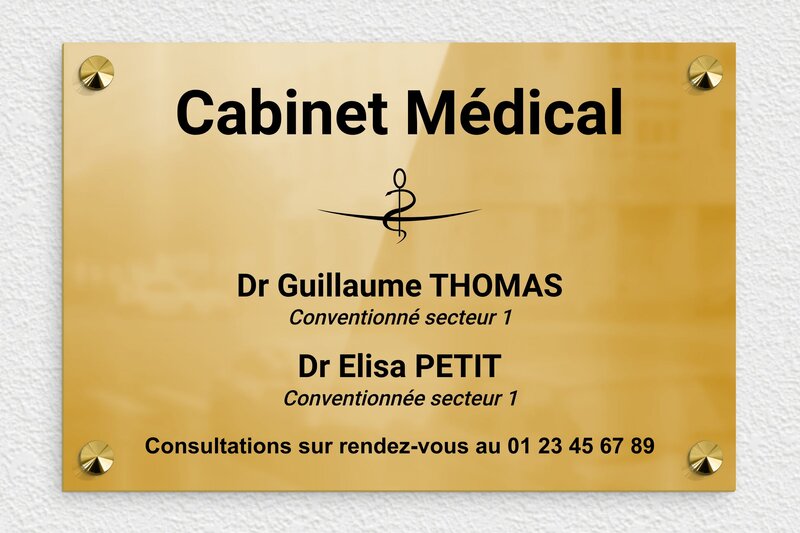 Plaque professionnelle cabinet médical - Laiton - 300 x 200 mm - poli - screws-caps - plaquepro-job-medecin-laiton-005-0