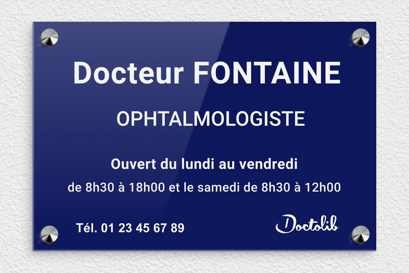 Plaque ophtalmologue - Plexiglass - 300 x 200 mm - bleu-blanc - screws-caps - plaquepro-job-ophtalmologie-001-0