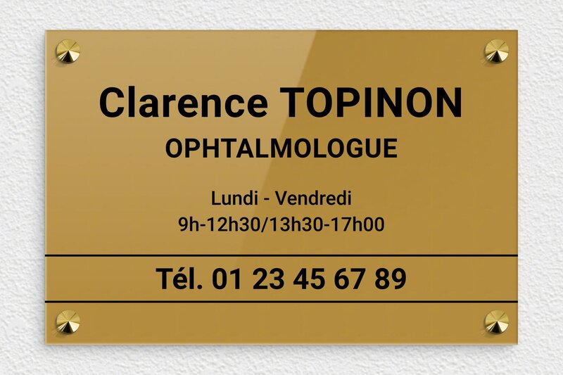 Plaque ophtalmologue - Plexiglass - 300 x 200 mm - or-fonce-noir - screws-caps - plaquepro-job-ophtalmologie-001-4