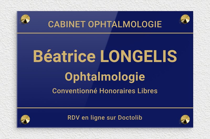 Plaque ophtalmologue - Plexiglass - 300 x 200 mm - bleu-or - screws-caps - plaquepro-job-ophtalmologie-004-4