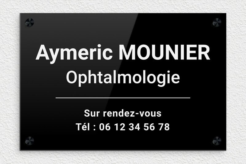 Plaque ophtalmologue - Plexiglass - 300 x 200 mm - noir-blanc - screws-caps - plaquepro-job-ophtalmologie-006-4
