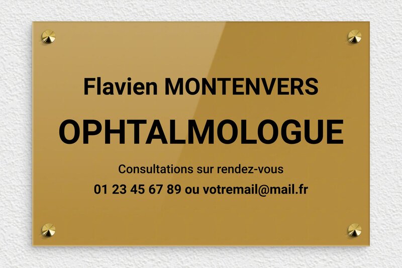 Plaque ophtalmologue - Plexiglass - 300 x 200 mm - or-fonce-noir - screws-caps - plaquepro-job-ophtalmologie-009-4