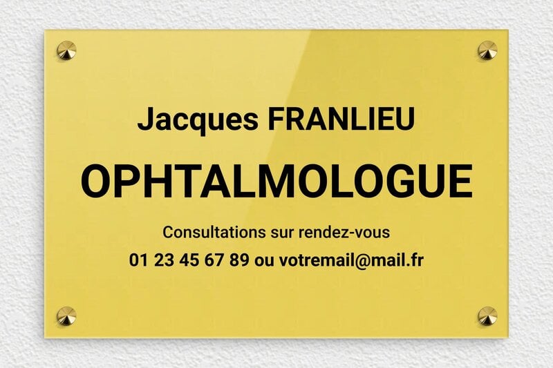 Plaque ophtalmologue - Plexiglass - 300 x 200 mm - or-clair-noir - screws-caps - plaquepro-job-ophtalmologie-010-1