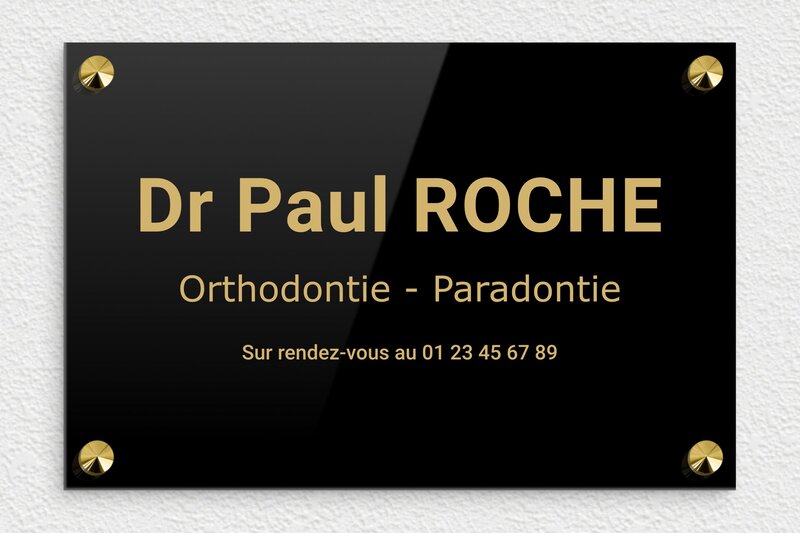 Plaque orthodontiste - Plexiglass - 300 x 200 mm - noir-or - screws-caps - plaquepro-job-orthodontiste-001-0