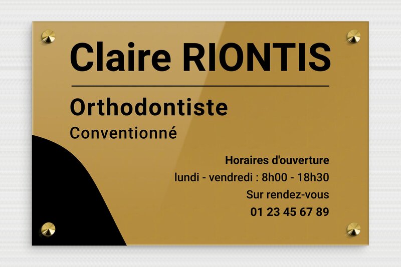Plaque orthodontiste - Plexiglass - 300 x 200 mm - or-fonce-noir - screws-caps - plaquepro-job-orthodontiste-003-4