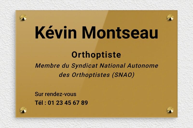 Plaque Orthoptiste - Plexiglass - 300 x 200 mm - or-fonce-noir - screws-caps - plaquepro-job-orthoptiste-003-4