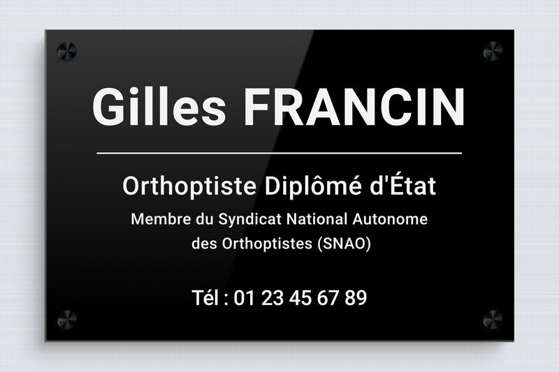 Plaque Orthoptiste - Plexiglass - 300 x 200 mm - noir-blanc - screws-spacer - plaquepro-job-orthoptiste-009-1