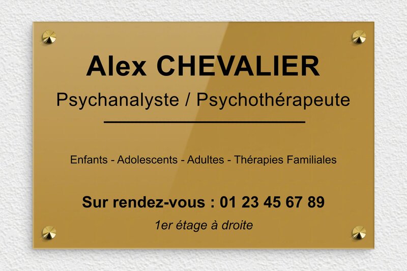 Plaque professionnelle psychanalyste - Plexiglass - 300 x 200 mm - or-fonce-noir - screws-caps - plaquepro-job-psychanalyste-001-0