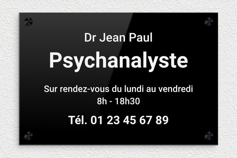 Plaque professionnelle psychanalyste - Plexiglass - 300 x 200 mm - noir-blanc - screws-caps - plaquepro-job-psychanalyste-001-1