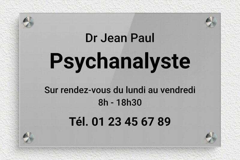 Plaque professionnelle psychanalyste - Plexiglass - 300 x 200 mm - gris-noir - screws-spacer - plaquepro-job-psychanalyste-001-4