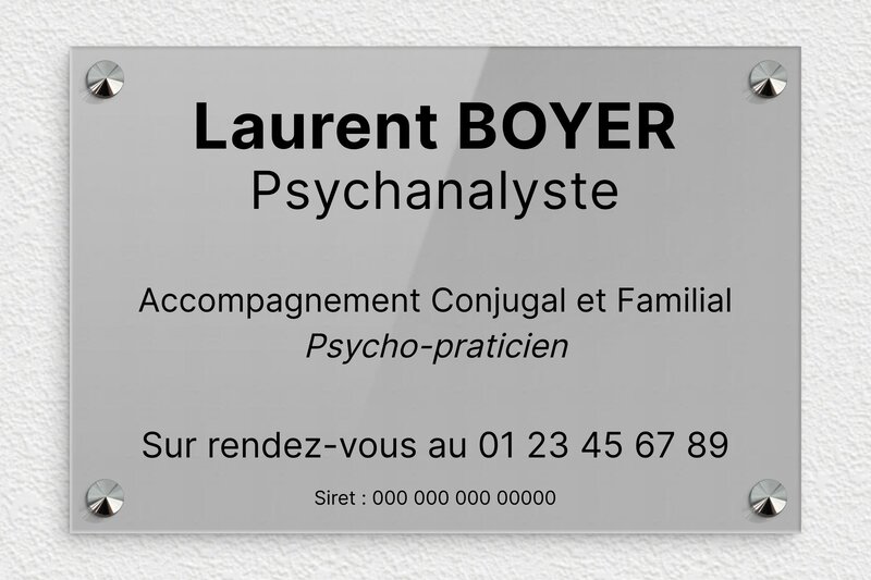 Plaque professionnelle psychanalyste - Plexiglass - 300 x 200 mm - gris-noir - screws-caps - plaquepro-job-psychanalyste-002-0