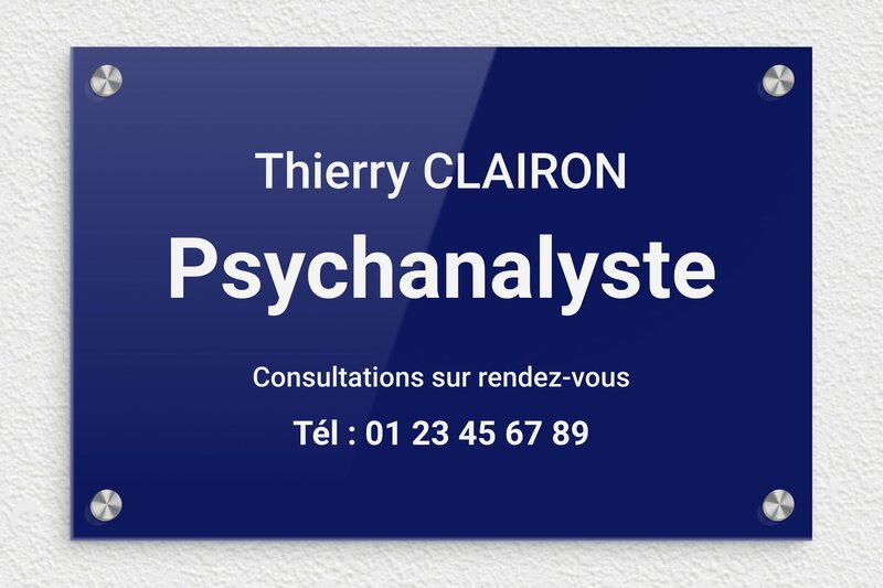 Plaque professionnelle docteur personnalisée - Plexiglass - 300 x 200 mm - bleu-blanc - screws-caps - plaquepro-job-psychanalyste-004-1