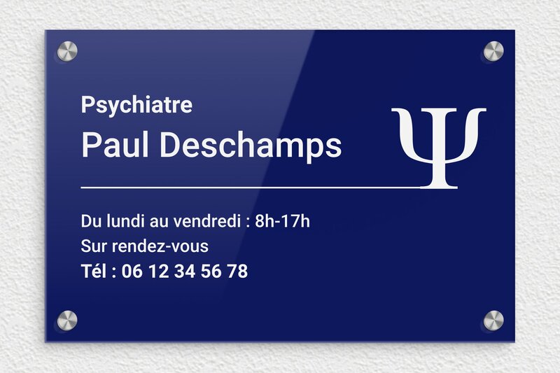 Plaque psychiatre - Plexiglass - 300 x 200 mm - bleu-blanc - screws-caps - plaquepro-job-psychiatre-002-4