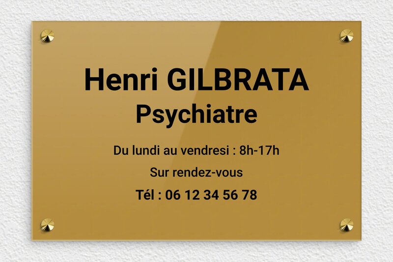 Plaque psychiatre - Plexiglass - 300 x 200 mm - or-fonce-noir - screws-caps - plaquepro-job-psychiatre-003-4