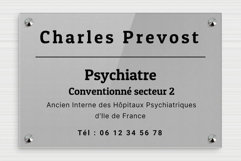 Plaque psychiatre - Plexiglass - 300 x 200 mm - gris-noir - screws-caps - plaquepro-job-psychiatre-004-4