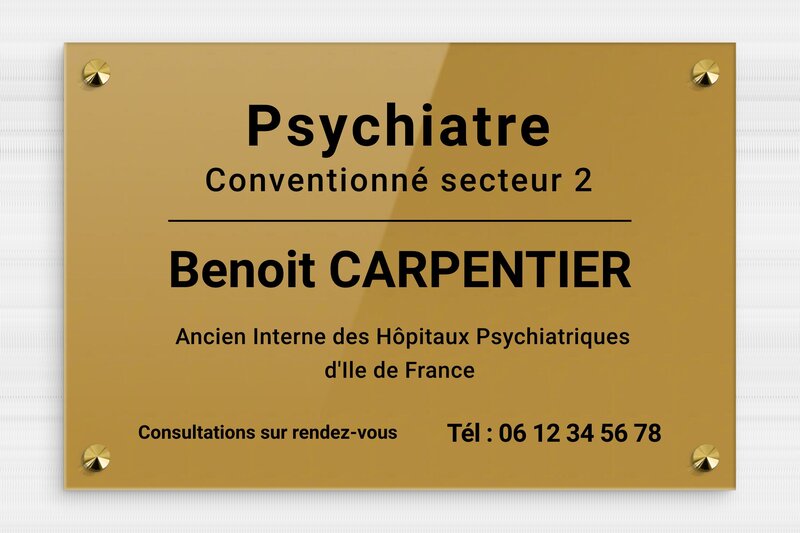 Plaque psychiatre - Plexiglass - 300 x 200 mm - or-fonce-noir - screws-caps - plaquepro-job-psychiatre-007-4