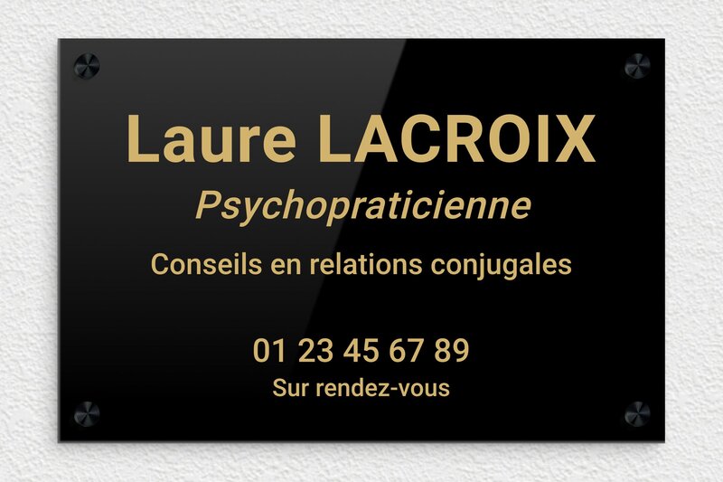 Plaque professionnelle psychopraticien - Plexiglass - 300 x 200 mm - noir-or - screws-caps - plaquepro-job-psychopraticien-001-0