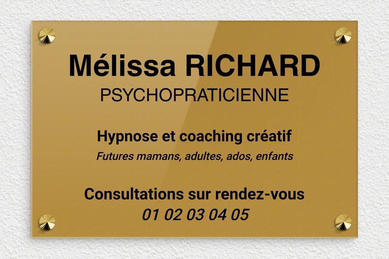Plaque professionnelle psychopraticien - Plexiglass - 300 x 200 mm - or-fonce-noir - screws-caps - plaquepro-job-psychopraticien-002-0