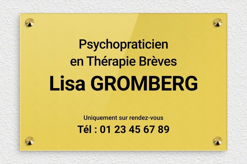Plaque professionnelle psychopraticien - Plexiglass - 300 x 200 mm - or-clair-noir - screws-caps - plaquepro-job-psychopraticien-002-1