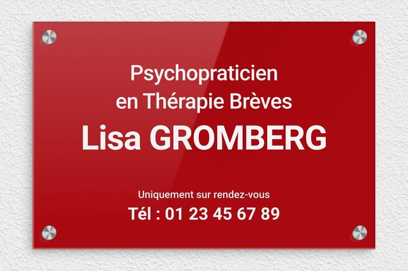 Plaque professionnelle psychomotricien - Plexiglass - 300 x 200 mm - rouge-blanc - screws-caps - plaquepro-job-psychopraticien-002-4