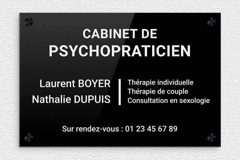 Plaque professionnelle psychopraticien - Plexiglass - 300 x 200 mm - noir-blanc - screws-caps - plaquepro-job-psychopraticien-003-0