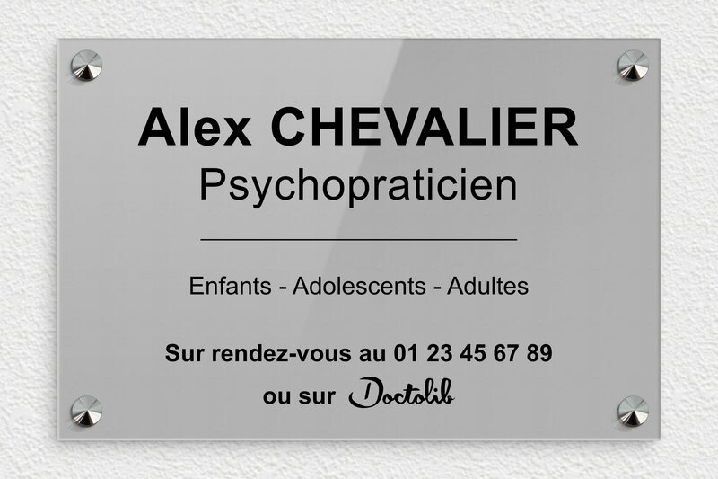 Plaque professionnelle psychopraticien - Plexiglass - 300 x 200 mm - gris-noir - screws-caps - plaquepro-job-psychopraticien-004-0