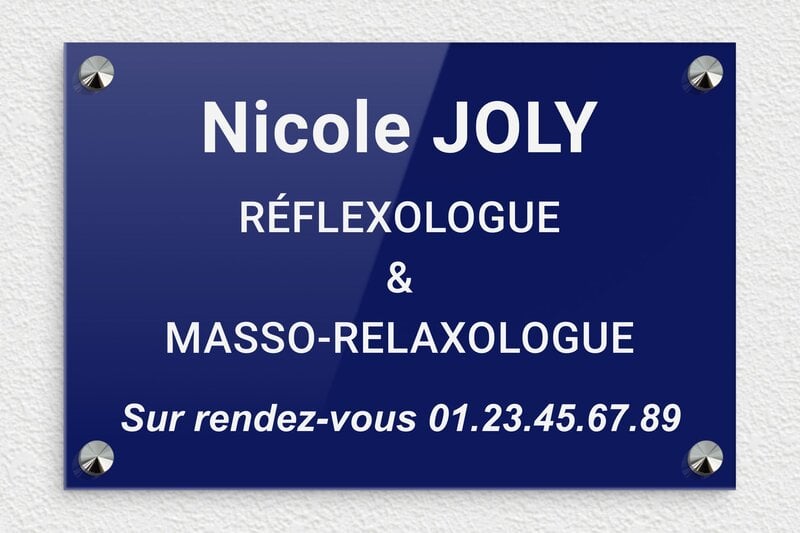 Plaque Réflexologue - Plexiglass - 300 x 200 mm - bleu-blanc - screws-caps - plaquepro-job-reflexologue-001-0