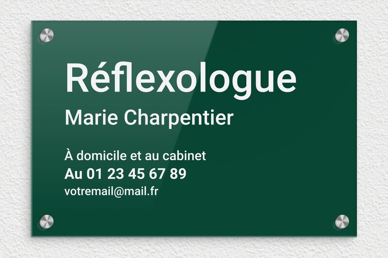 Plaque Réflexologue - Plexiglass - 300 x 200 mm - vert-blanc - screws-caps - plaquepro-job-reflexologue-004-4
