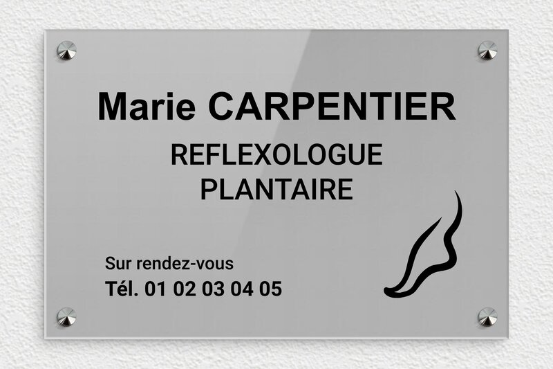 Plaque Réflexologue - Plexiglass - 300 x 200 mm - gris-noir - screws-caps - plaquepro-job-reflexologue-005-0