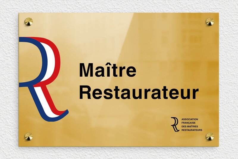 Signalétique restaurant - Laiton - 300 x 200 mm - poli - screws-caps - plaquepro-job-restaurate2u2r-002-0