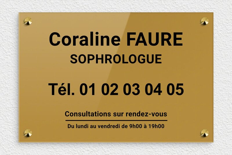 Plaque sophrologue - Plexiglass - 300 x 200 mm - or-fonce-noir - screws-caps - plaquepro-job-sophrologue-001-0