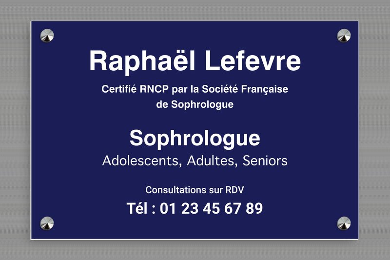 Plaque sophrologue - PVC - 300 x 200 mm - bleu-marine-blanc - screws-caps - plaquepro-job-sophrologue-004-4