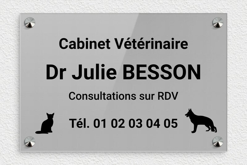 Plaque vétérinaire - Plexiglass - 300 x 200 mm - gris-noir - screws-caps - plaquepro-job-veterinaire-001-0