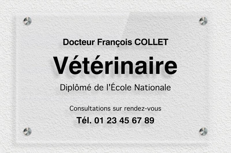 Plaque vétérinaire - Plexiglass Transparent - 300 x 200 mm - transparent - screws-spacer - plaquepro-job-veterinaire-002-0