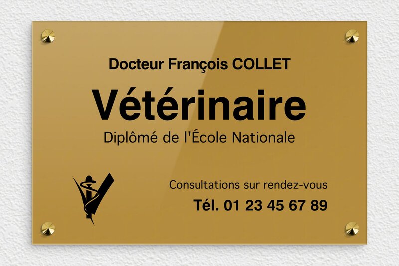 Plaque vétérinaire - Plexiglass - 300 x 200 mm - or-fonce-noir - screws-caps - plaquepro-job-veterinaire-002-1