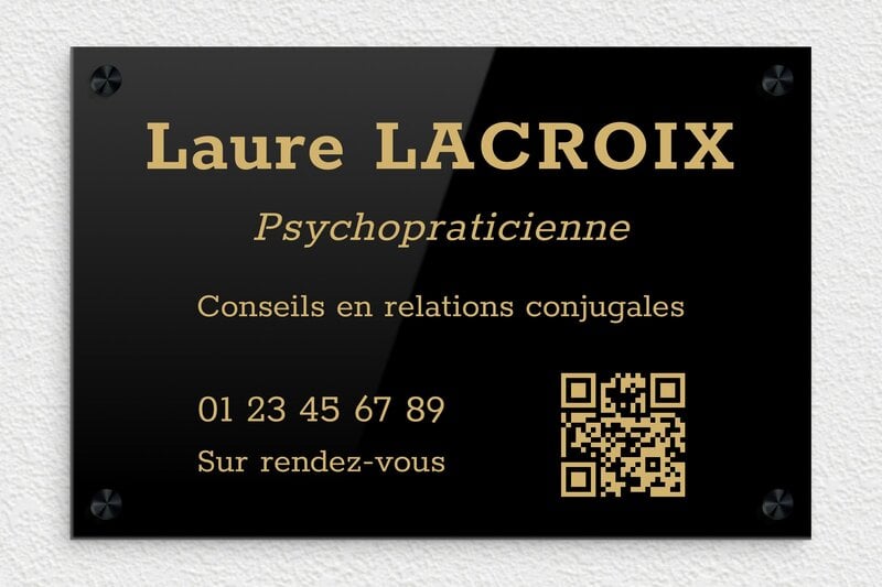 Plaque professionnelle psychopraticien - Plexiglass - 300 x 200 mm - noir-or - screws-caps - plaquepro-qr-code-001-3
